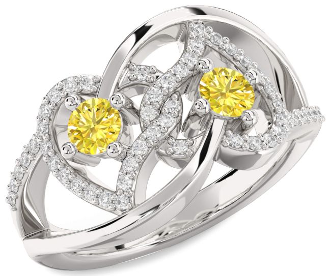 Yellow Diamond Silver Heart Two Stone Ring