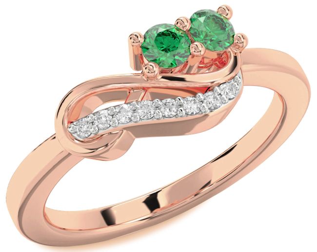 Diamond Emerald Rose Gold Infinity Round Two Stone Birthstone Ring