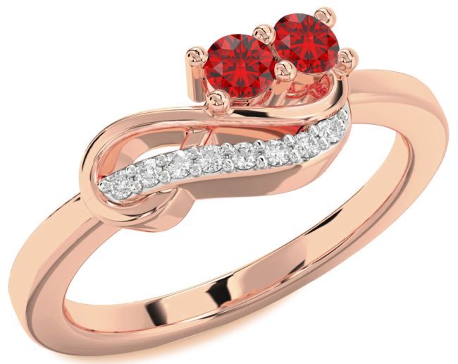 Diamond Ruby Rose Gold Infinity Round Two Stone Birthstone Ring