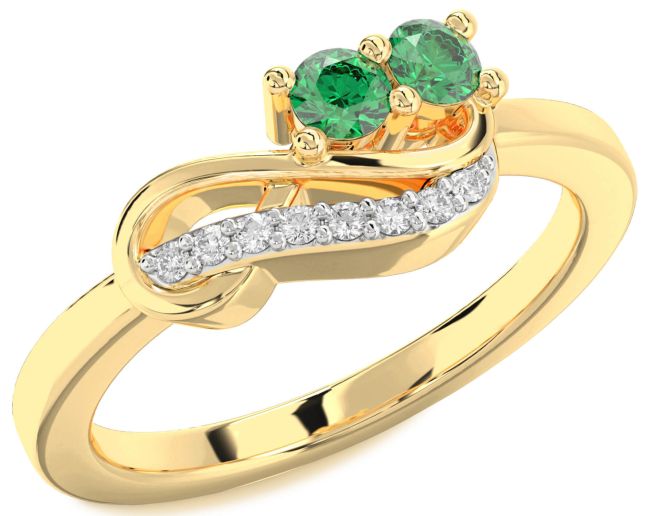 Diamond Emerald Gold Infinity Round Two Stone Birthstone Ring
