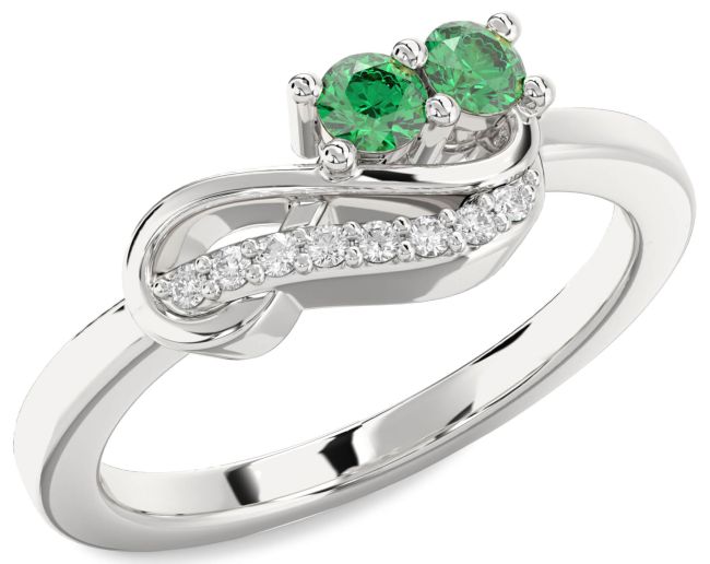 Diamond Emerald Silver Infinity Round Two Stone Birthstone Ring