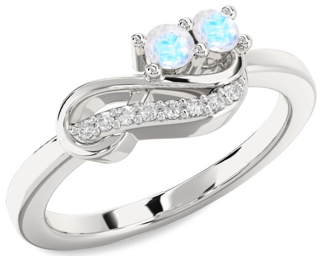 Diamond Moonstone Silver Infinity Round Two Stone Ring