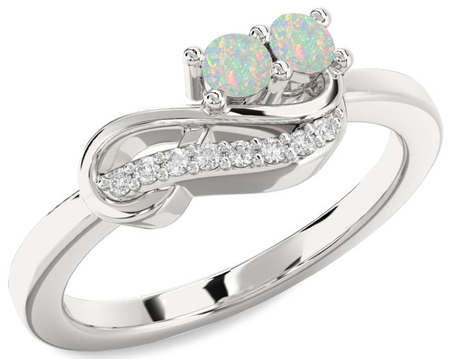 Diamond Opal Silver Infinity Round Two Stone Birthstone Ring