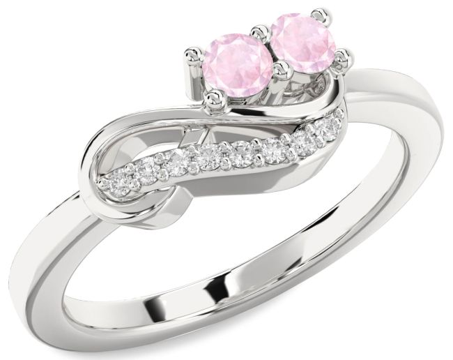Diamond Rose Quartz Silver Infinity Round Two Stone Ring