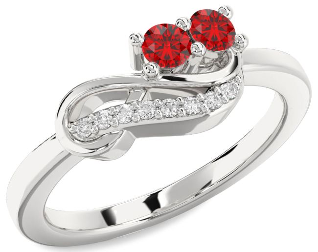 Diamond Ruby Silver Infinity Round Two Stone Birthstone Ring