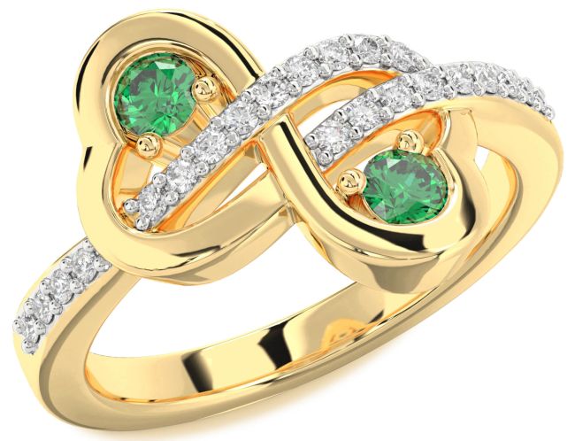 Diamond Emerald Gold Infinity Heart Two Stone Birthstone Ring