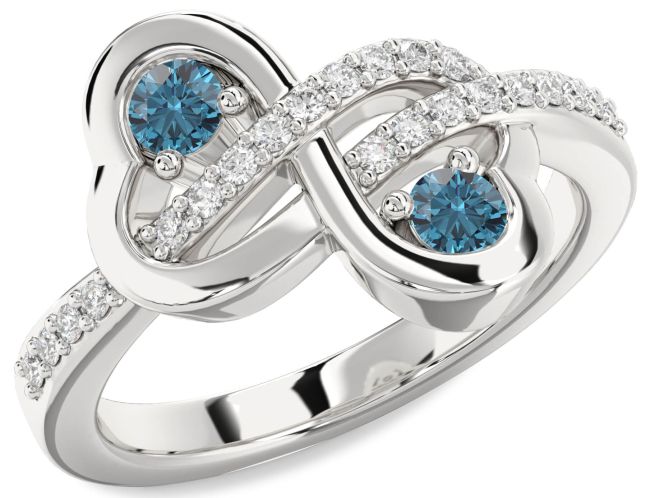 Blue Diamond Silver Infinity Heart Two Stone Ring
