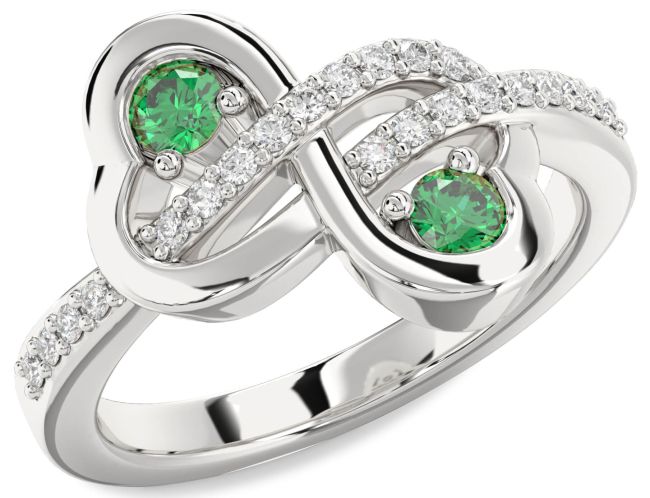 Diamond Emerald Silver Infinity Heart Two Stone Birthstone Ring
