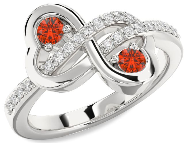 Diamond Fire Opal Silver Infinity Heart Two Stone Ring