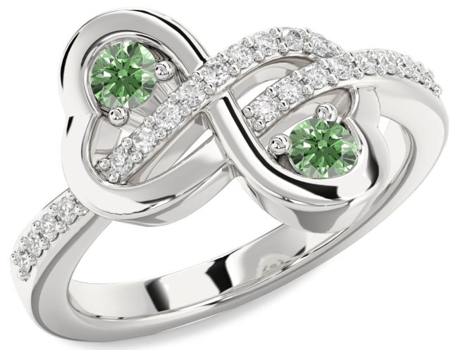 Green Diamond Silver Infinity Heart Two Stone Ring