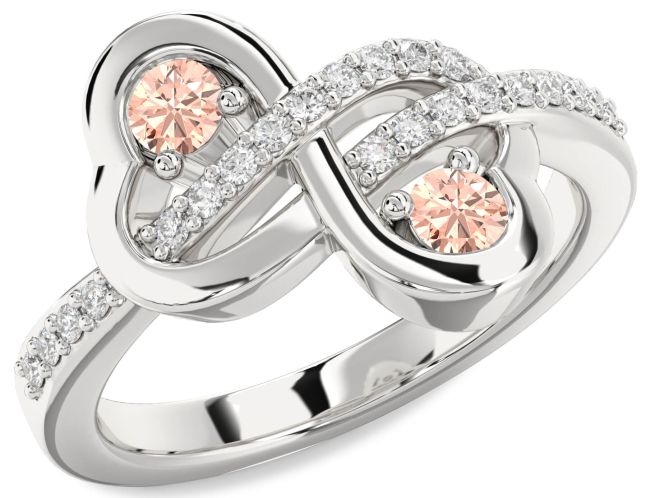 Diamond Morganite Silver Infinity Heart Two Stone Ring