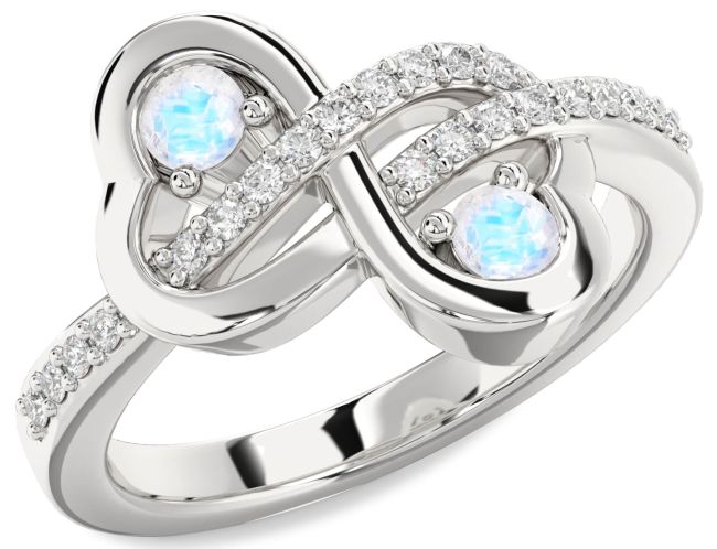 Diamond Moonstone Silver Infinity Heart Two Stone Ring