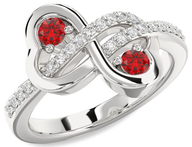 Diamond Ruby Silver Infinity Heart Two Stone Birthstone Ring