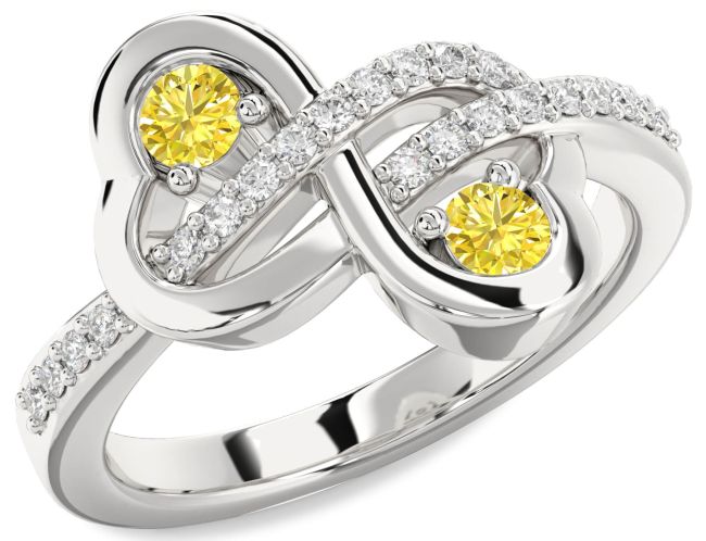 Yellow Diamond Silver Infinity Heart Two Stone Ring