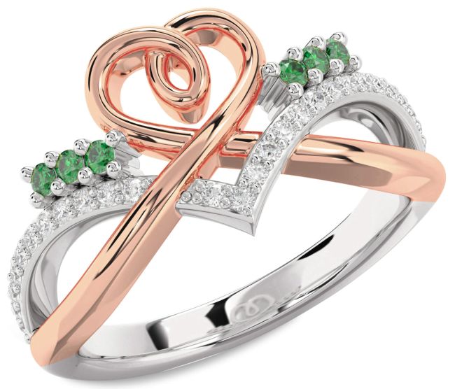 Diamond Emerald Platinum & Rose Gold Heart Ring