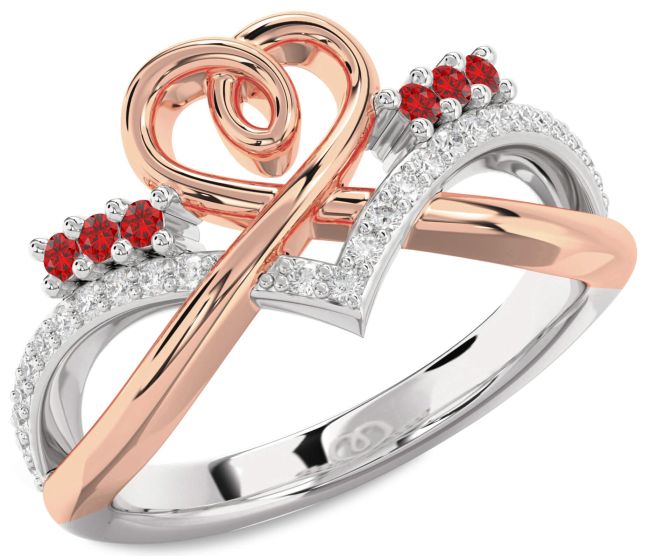 Diamond Ruby Rose Gold Silver Heart Ring