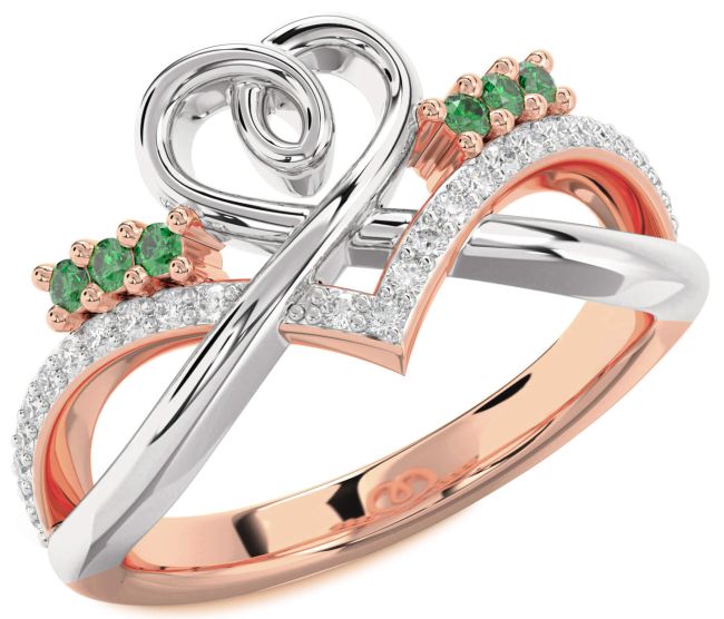 Diamond Emerald Rose Gold Silver Heart Ring
