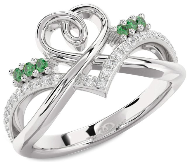 Diamond Emerald Silver Heart Ring