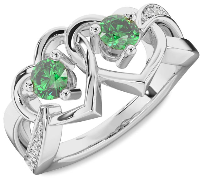 Diamond Emerald Silver Heart Two Stone Birthstone Ring
