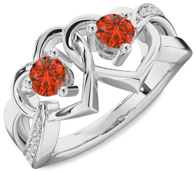 Diamond Fire Opal Silver Heart Two Stone Ring
