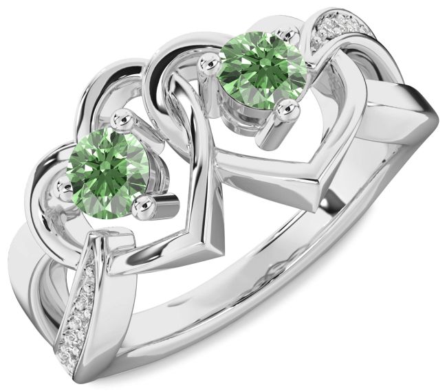 Green Diamond Silver Heart Two Stone Ring
