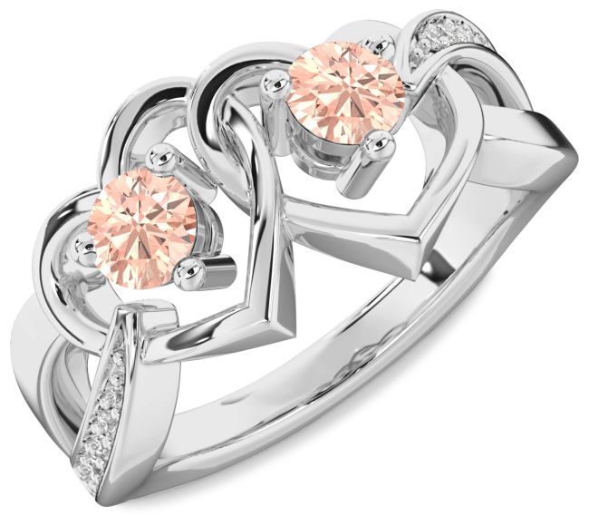 Diamond Morganite Silver Heart Two Stone Ring