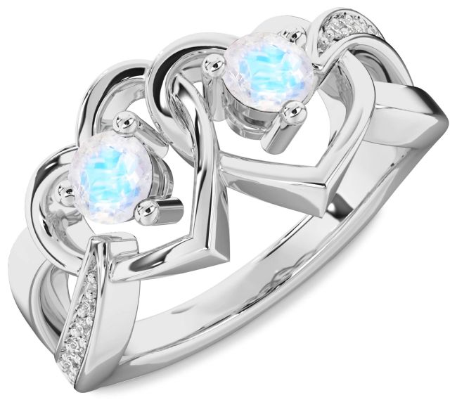 Diamond Moonstone Silver Heart Two Stone Ring