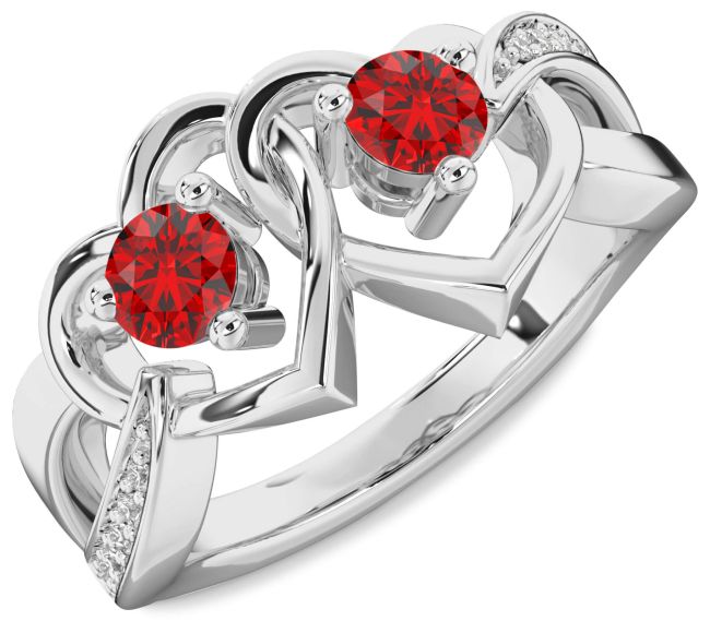 Diamond Ruby Silver Heart Two Stone Birthstone Ring