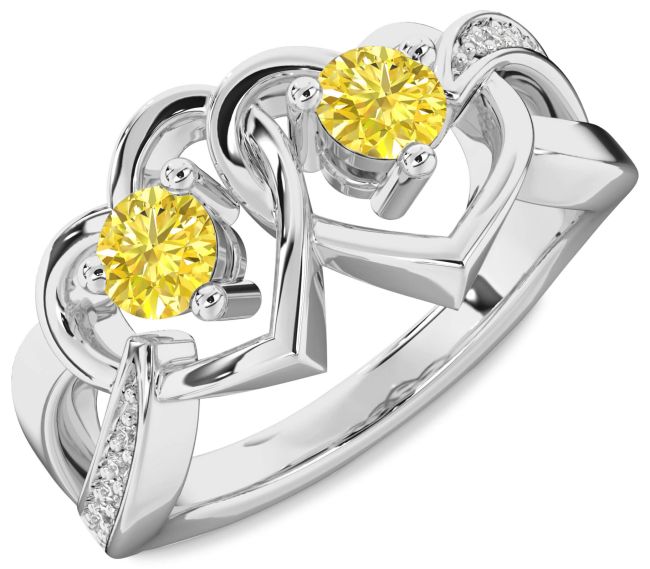 Yellow Diamond Silver Heart Two Stone Ring
