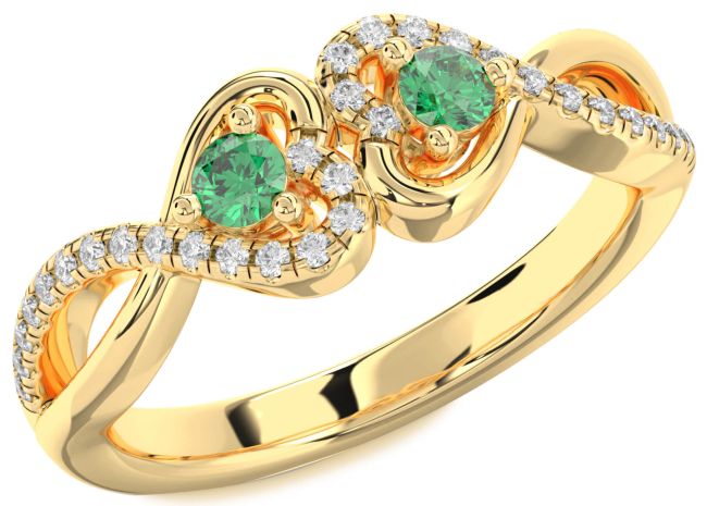 Diamond Emerald Gold Heart Infinity Two Stone Birthstone Ring