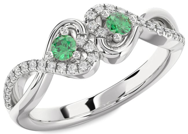 Diamond Emerald Silver Heart Infinity Two Stone Birthstone Ring
