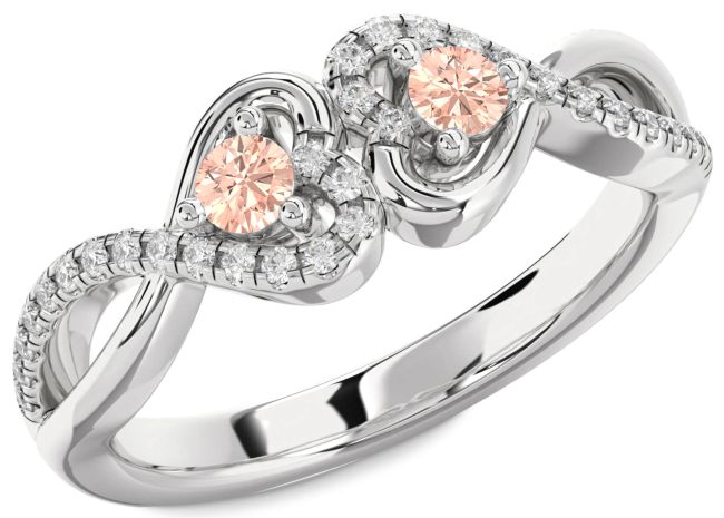 Diamond Morganite Silver Heart Infinity Two Stone Ring