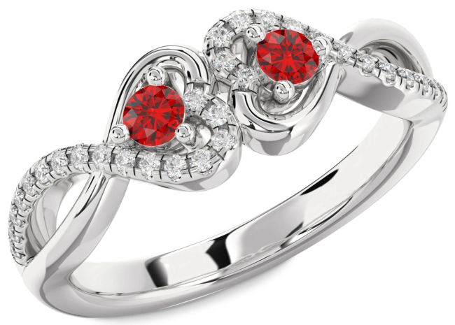Diamond Ruby Silver Heart Infinity Two Stone Birthstone Ring