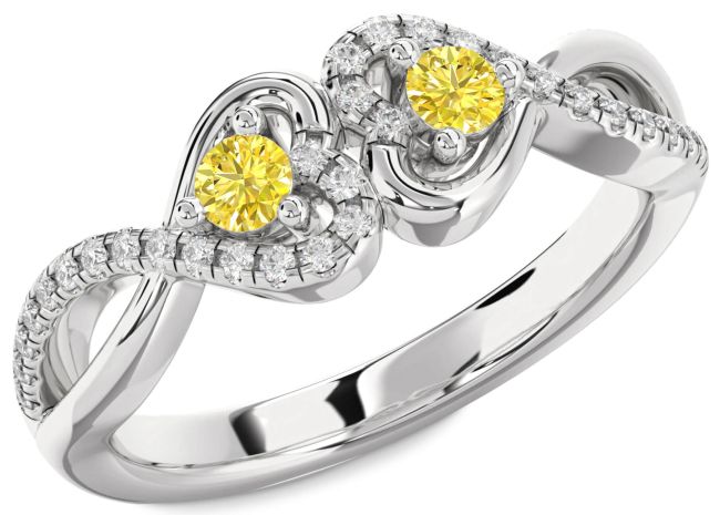 Yellow Diamond Silver Heart Infinity Two Stone Ring