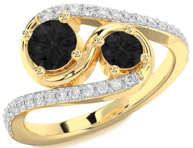 Black Diamond Gold Silver Round Two Stone Ring