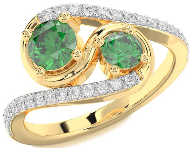 Diamond Emerald Gold Round Two Stone Birthstone Ring