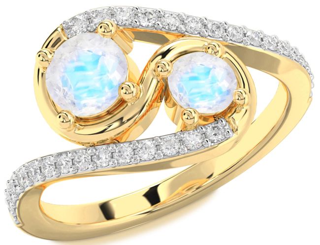 Diamond Moonstone Gold Silver Round Two Stone Ring