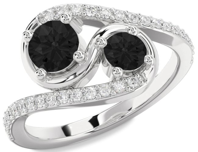 Black Diamond Platinum Round Two Stone Ring