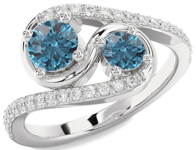 Blue Diamond Platinum Round Two Stone Ring