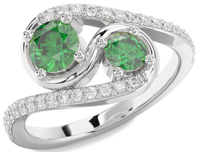 Diamond Emerald Silver Round Two Stone Birthstone Ring