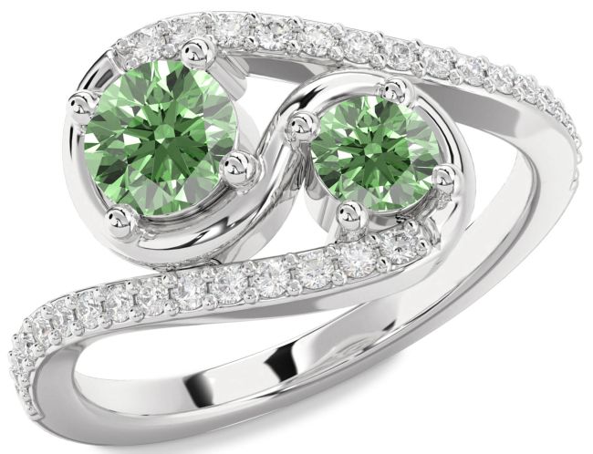 Green Diamond Platinum Round Two Stone Ring