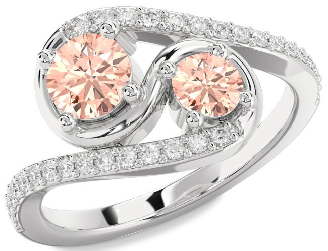 Diamond Morganite Silver Round Two Stone Ring