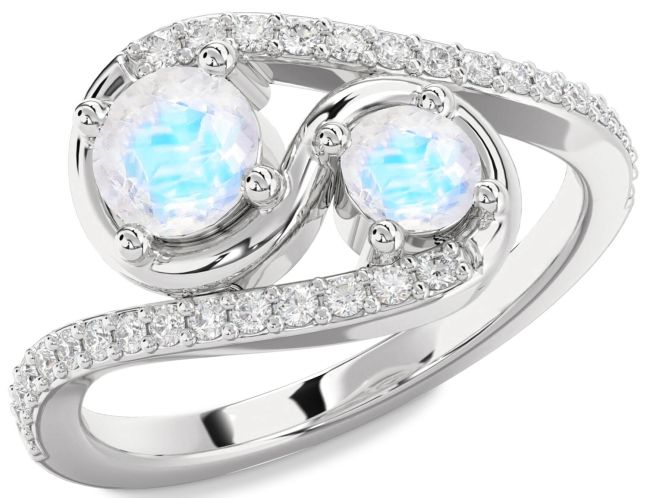 Diamond Moonstone Silver Round Two Stone Ring