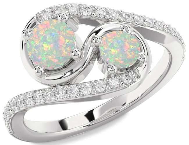 Diamond Opal Silver Round Two Stone Birthstone Ring