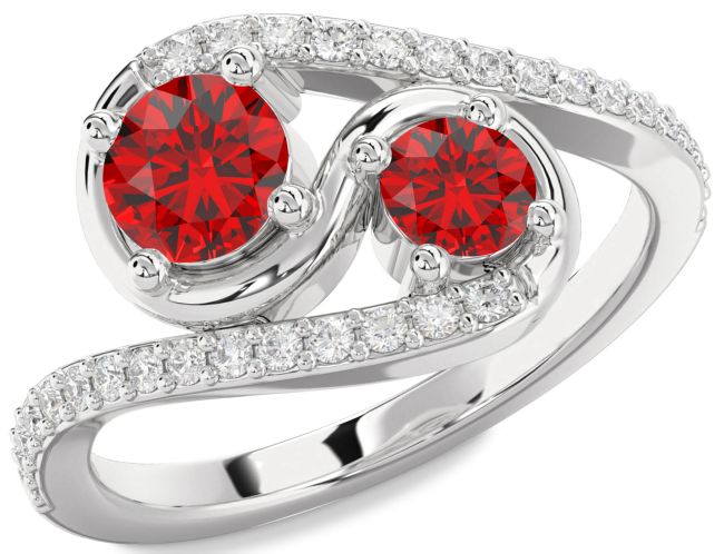 Diamond Ruby Silver Round Two Stone Birthstone Ring