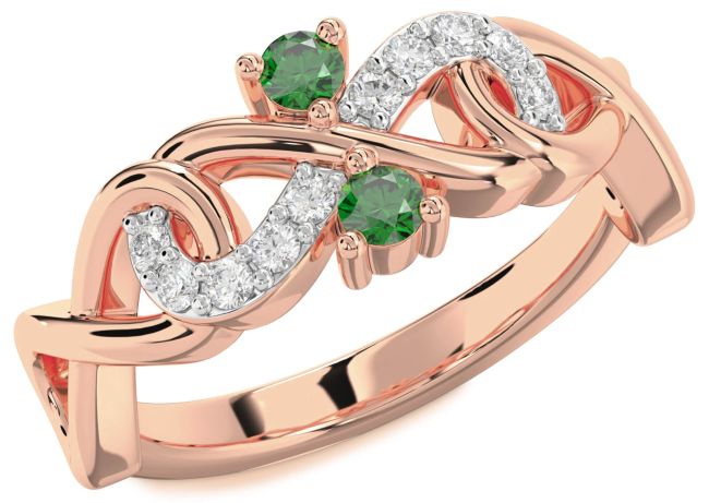 Diamond Emerald Rose Gold Infinity Round Two Stone Birthstone Ring