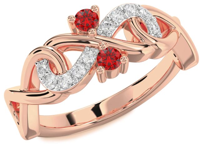 Diamond Ruby Rose Gold Infinity Round Two Stone Birthstone Ring