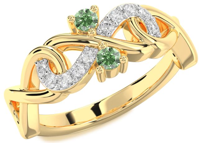 Green Diamond Gold Silver Infinity Round Two Stone Ring
