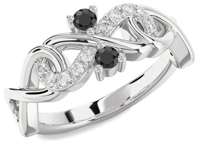 Diamond Black Onyx Silver Infinity Round Two Stone Ring