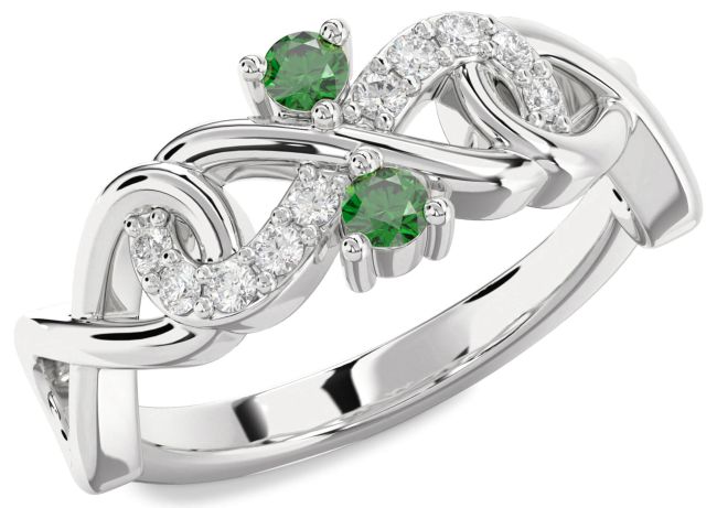 Diamond Emerald Silver Infinity Round Two Stone Birthstone Ring